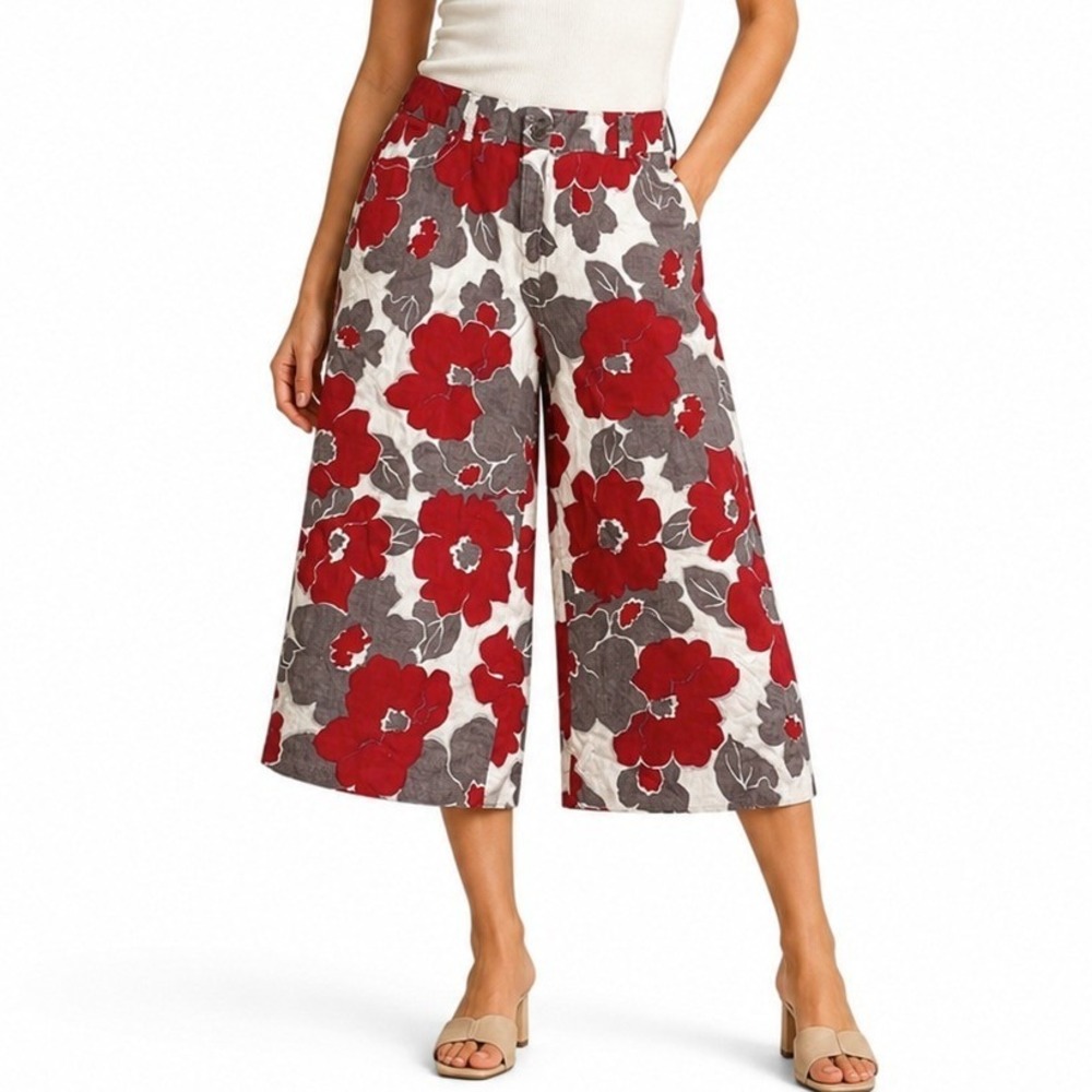 Rafaella 100% Linen Pants Women 14 Floral Wide Leg Crop Tropical Resort Trousers